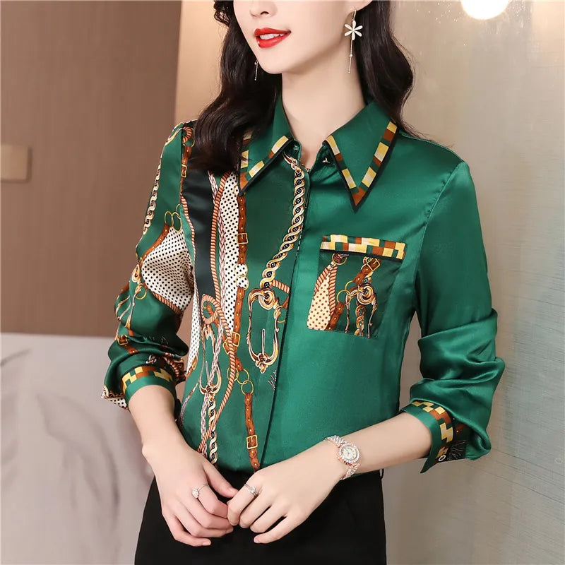 Luxury Designer Print Classic Satin Shirt Plus Size Women Fashion Long Sleeve Button Front Shirts  Spring Autumn Ladies Runway Lapel Blouse Elegant Silk Tops