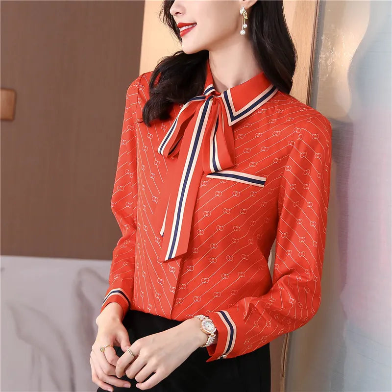 Women Fashion Print Pink Blouses Long Sleeve Vintage Ribbon Bow Shirt Ladies Classic Lapel Button Shirts Spring Autumn Woman Clothes Designer Blouse Cute Tops