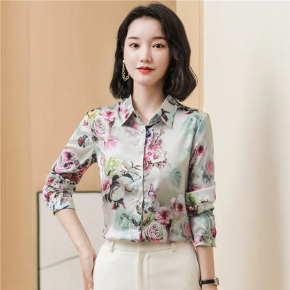 Luxury Designer Print Classic Satin Shirt Plus Size Women Fashion Long Sleeve Button Front Shirts  Spring Autumn Ladies Runway Lapel Blouse Elegant Silk Tops