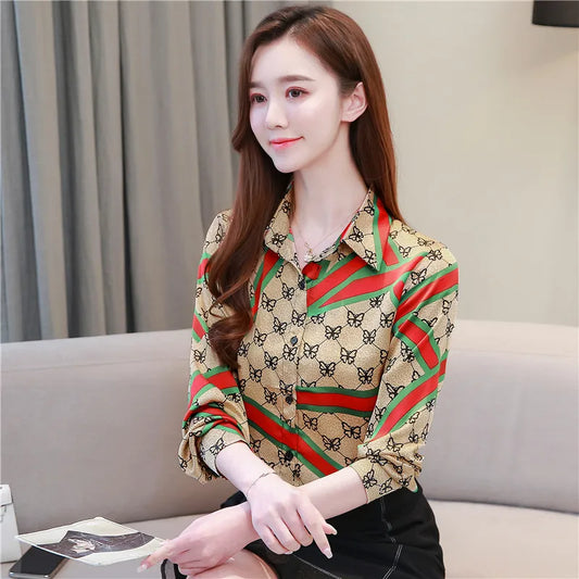 Vintage Butterfly Printed Runway Silk Blouses Women  Fashion Designer Striped Shirts Slim Business Office Ladies Button Spring Summer Long Sleeve Tops