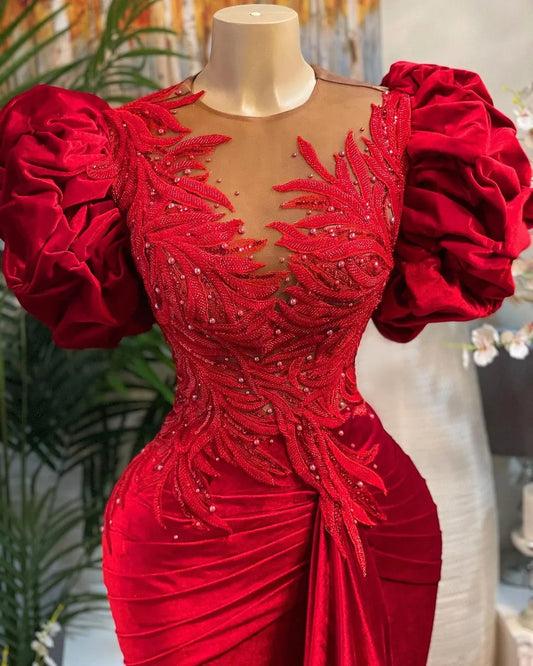 Plus Size Arabic Aso Ebi Red Mermaid Lace Prom Dresses Beaded Sheer Neck Velvet Evening Formal Party Second Reception Gowns Dress ZJ446