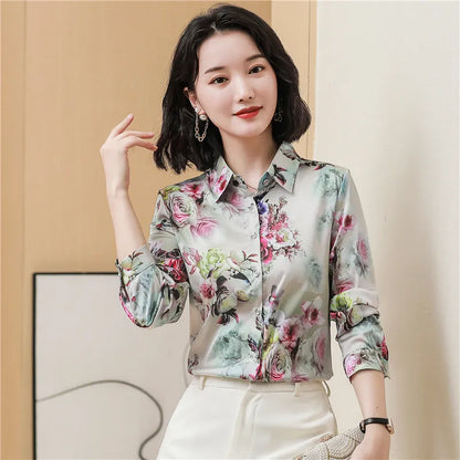 Luxury Designer Print Classic Satin Shirt Plus Size Women Fashion Long Sleeve Button Front Shirts  Spring Autumn Ladies Runway Lapel Blouse Elegant Silk Tops