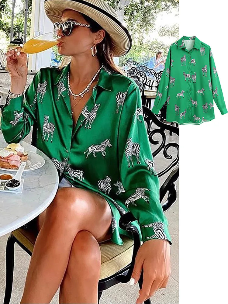 women satin blouse long sleeve zebra print shirts vintage office ladies tops femme chandails fashion blusa de mujer Chandails 220407