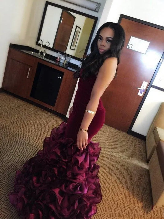 Burgundy Long Mermaid Prom Dresses Rose Floral Flowers Tiered Sweetheart Velvet Plus Size Formal Party Gowns Evening Dress Vestios