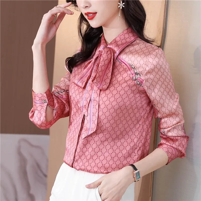 Women Fashion Print Pink Blouses Long Sleeve Vintage Ribbon Bow Shirt Ladies Classic Lapel Button Shirts Spring Autumn Woman Clothes Designer Blouse Cute Tops