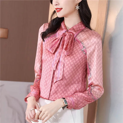 Women Fashion Print Pink Blouses Long Sleeve Vintage Ribbon Bow Shirt Ladies Classic Lapel Button Shirts Spring Autumn Woman Clothes Designer Blouse Cute Tops