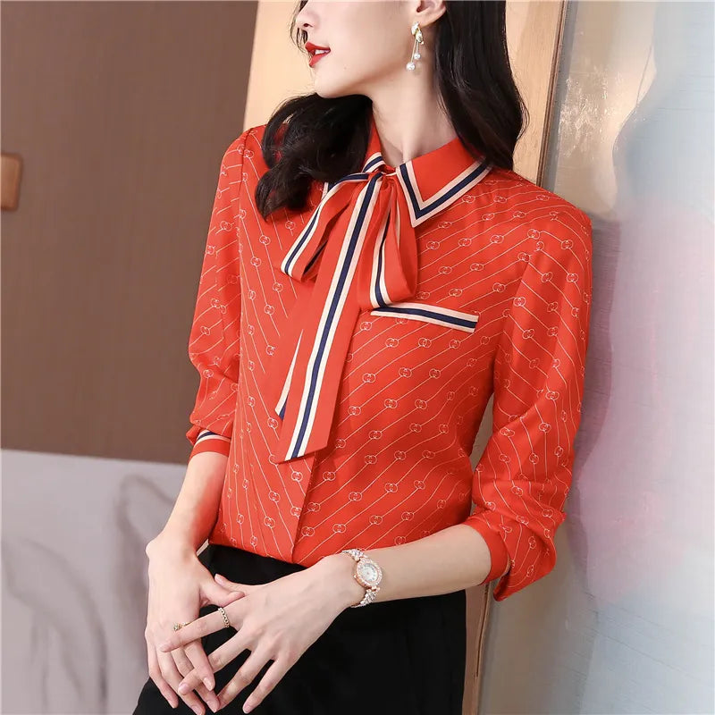 Women Fashion Print Pink Blouses Long Sleeve Vintage Ribbon Bow Shirt Ladies Classic Lapel Button Shirts Spring Autumn Woman Clothes Designer Blouse Cute Tops