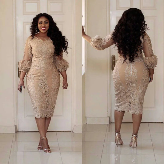 2017 Sexy Plus Size Cocktail Dresses Jewel Neck Applique 3/4 Sleeve Zipper Tea Length Prom Dress Fashion Champagne Pretty Woman Party Dress