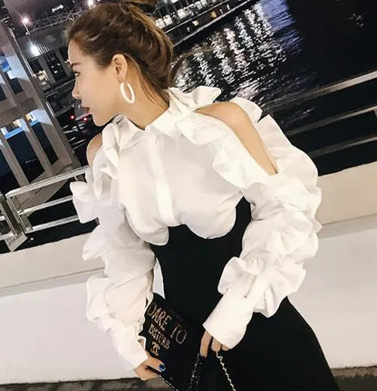 New design fashion women's turn down color solid color ruffles patchwork off shoulder zipper long sleeve blouse shirt tops