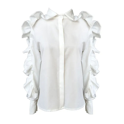 New design fashion women's turn down color solid color ruffles patchwork off shoulder zipper long sleeve blouse shirt tops