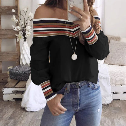 Off Shoulder Top Blouse Women Autumn Casual Multicolor Long Sleeve Tops Blouse Shirt Plus Size 2XL