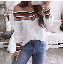 Off Shoulder Top Blouse Women Autumn Casual Multicolor Long Sleeve Tops Blouse Shirt Plus Size 2XL