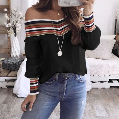 Off Shoulder Top Blouse Women Autumn Casual Multicolor Long Sleeve Tops Blouse Shirt Plus Size 2XL