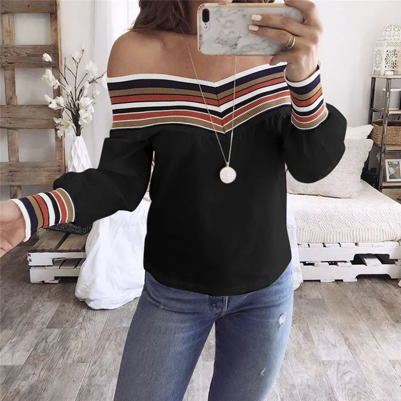 Off Shoulder Top Blouse Women Autumn Casual Multicolor Long Sleeve Tops Blouse Shirt Plus Size 2XL