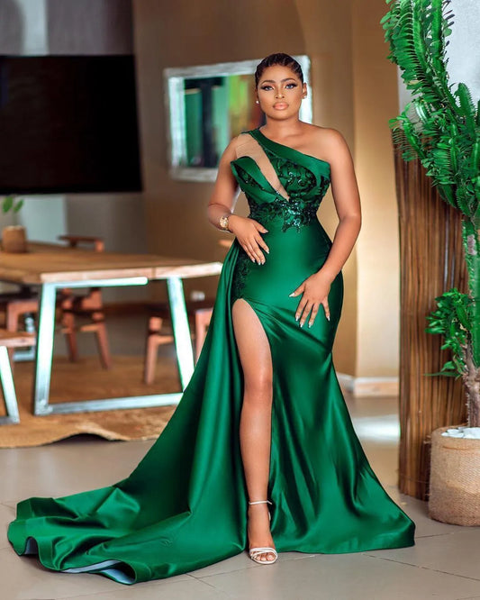 Hunter Green One Shoudler Neckline Evening Dresses  High Side Split Long Sweep Vestidos De Fiesta Arabic Aso Ebi Prom Dress