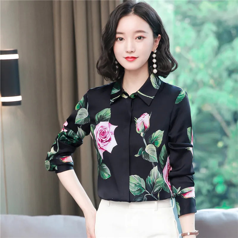 Women Fashion Print Pink Blouses Long Sleeve Vintage Ribbon Bow Shirt Ladies Classic Lapel Button Shirts Spring Autumn Woman Clothes Designer Blouse Cute Tops