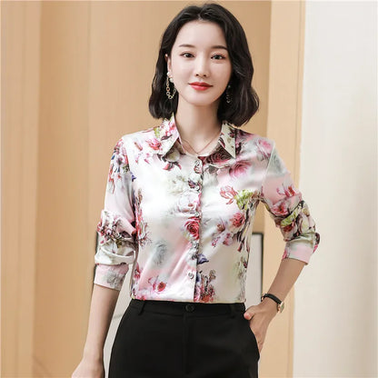 Luxury Designer Print Classic Satin Shirt Plus Size Women Fashion Long Sleeve Button Front Shirts  Spring Autumn Ladies Runway Lapel Blouse Elegant Silk Tops