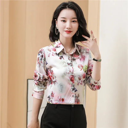 Luxury Designer Print Classic Satin Shirt Plus Size Women Fashion Long Sleeve Button Front Shirts  Spring Autumn Ladies Runway Lapel Blouse Elegant Silk Tops