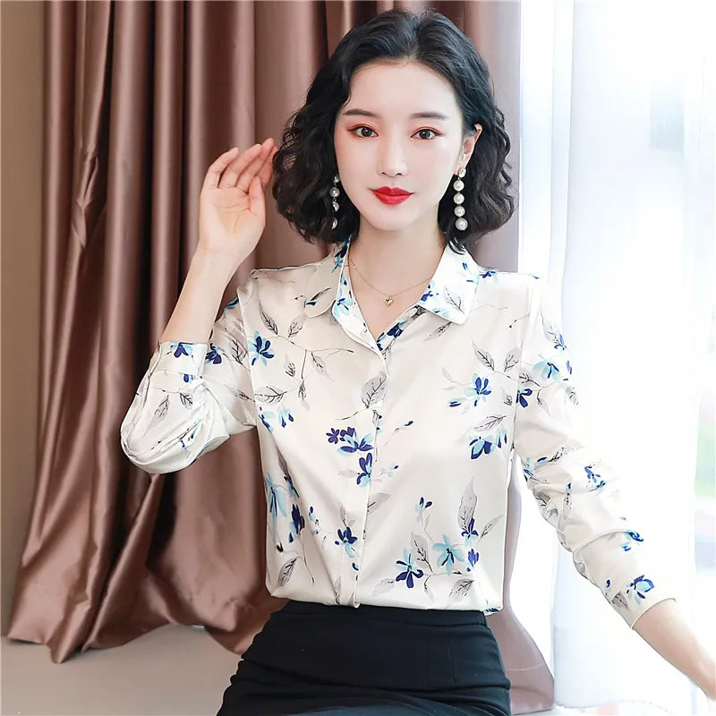 Luxury Designer Print Classic Satin Shirt Plus Size Women Fashion Long Sleeve Button Front Shirts  Spring Autumn Ladies Runway Lapel Blouse Elegant Silk Tops