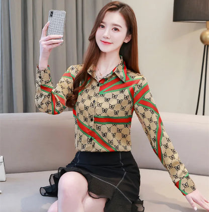 Vintage Butterfly Printed Runway Silk Blouses Women  Fashion Designer Striped Shirts Slim Business Office Ladies Button Spring Summer Long Sleeve Tops