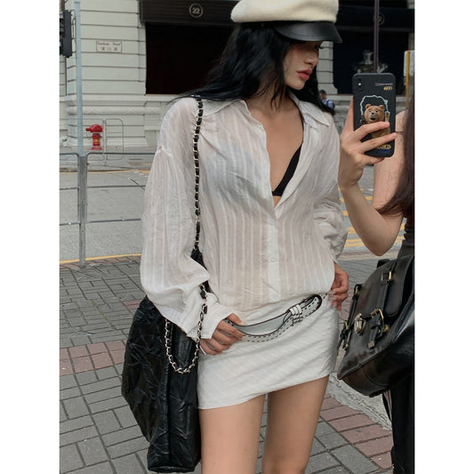 Zllkl Zia Solid Color Strip Long Sleeve Button Up Neck Collar Slim Shirt Dress