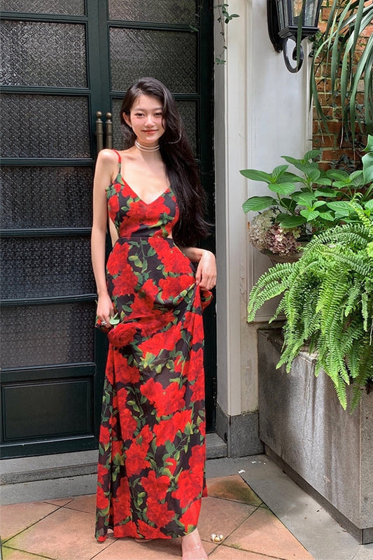 Zllkl Roses are Rosie Red Floral Vintage Spaghetti Strap V-Neck Long Vacation Summer Maxi Dress