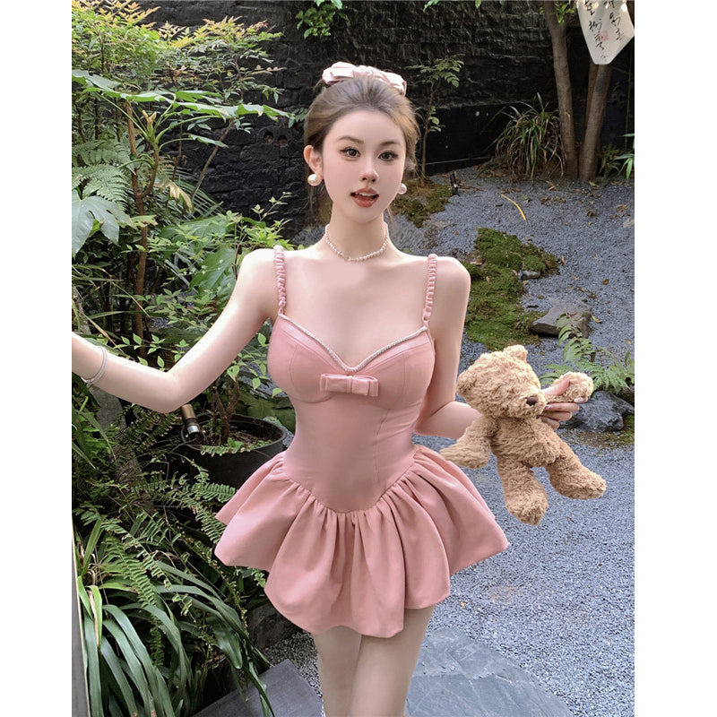 Zllkl Penelope Solid Color Pink V-Neck Spaghetti Strap Bow Design Slim Pleated Babydoll Summer Harajuku Mini Dress