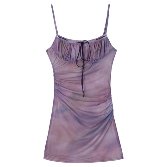 Zllkl Titi Purple Brown Tie-Dye Vintage Spice Girl Slip Wrapped Hip Tight Slim Mini Dress