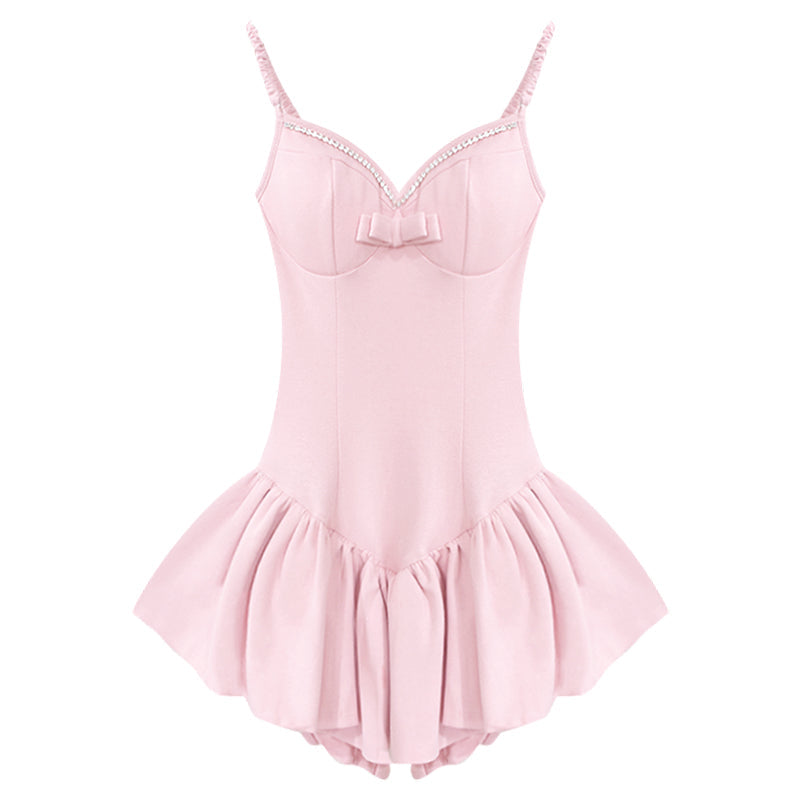 Zllkl Penelope Solid Color Pink V-Neck Spaghetti Strap Bow Design Slim Pleated Babydoll Summer Harajuku Mini Dress