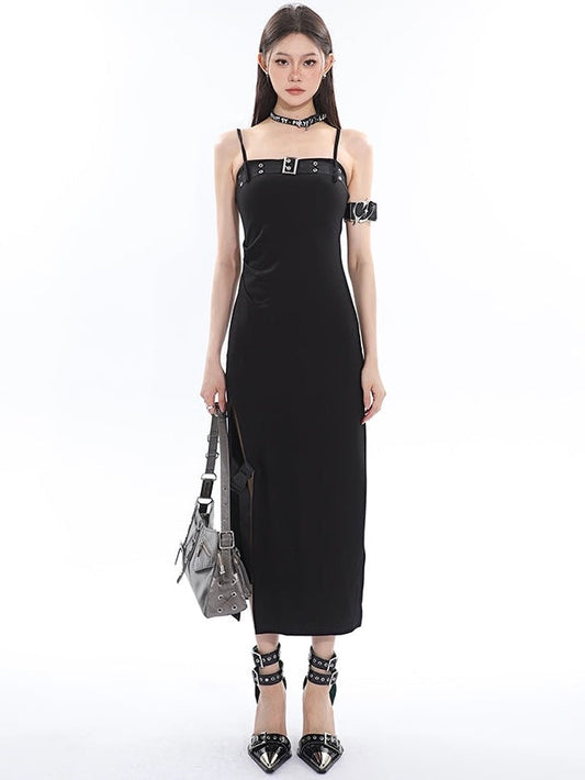 Zllkl Azelia Solid Color Black Chest Belt Strap Spaghetti Straps Square Neck Bandeau Side Slit Long Summer Dress