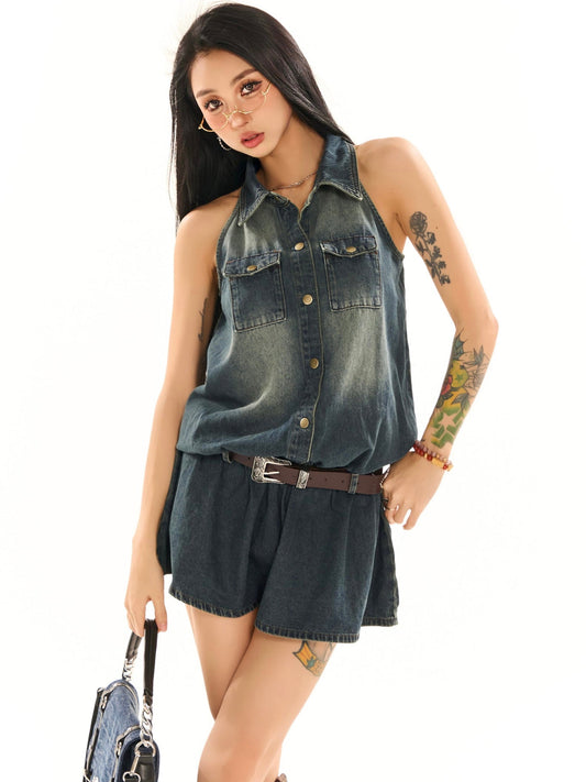 Zllkl Ianna Denim Washed Sleeveless Lapel Brown Waist Belt Multi-Pocket Mini Dress