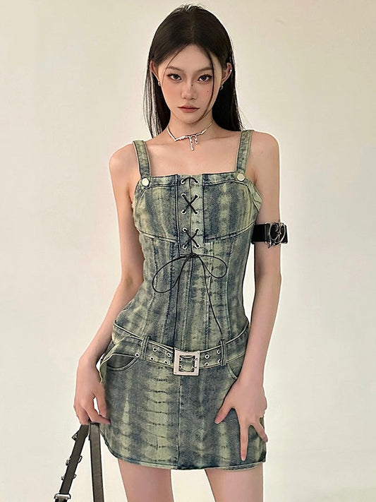 Zllkl Dania Denim Washed Pattern Wide Strap Lace Up Waist Belt Slim Mini Dress