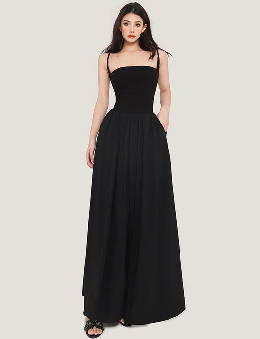 Zllkl Jaidee Solid Color Black Two Piece Spaghetti Strap Bandeau Sleeveless Slim A-Line Long Flowing Midi Dress