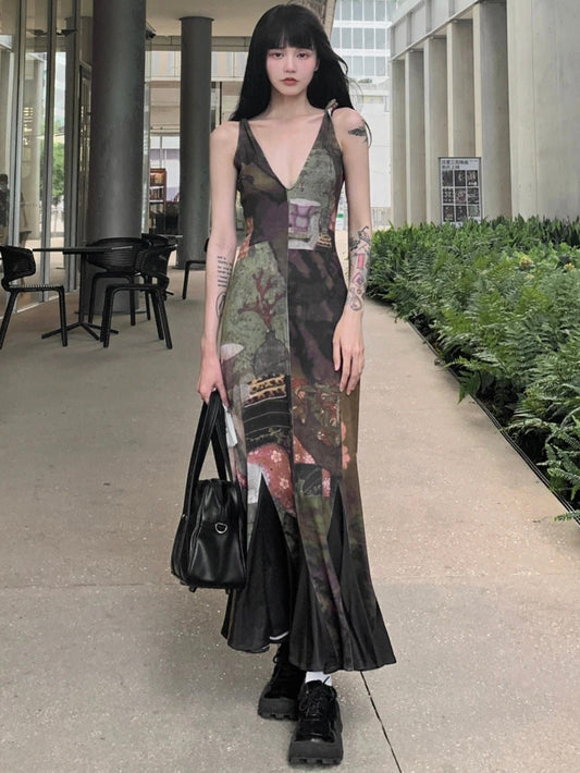 Zllkl Kiara Chinese Floral Print Dark Sweet Spaghetti Strap V-Neck Contrast Fishtail Design Long Dress