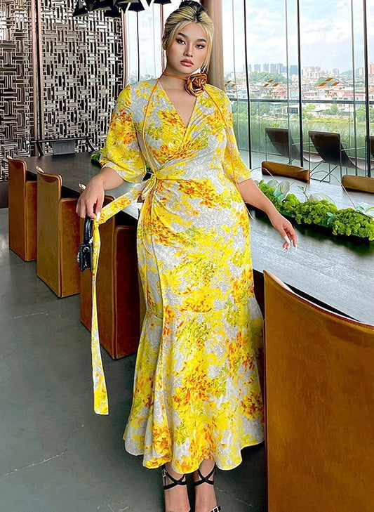 Zllkl Naoum Plus Size Sun Bright Yellow Floral Front Cross V-Neck Short Sleeve Side Slit Long Dress