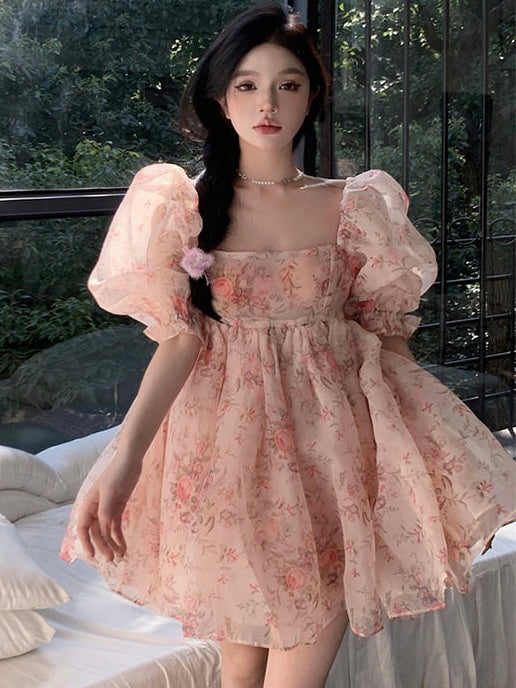 Zllkl Anabelen Sweet Floral Square Neck Short Puffed Sleeve French Ballet Style Puff Mini Dress