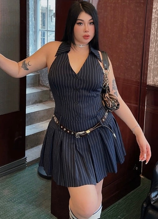 Zllkl Olivia Plus Size Striped Navy Blue Slim Sleeveless V-neck Halter Neck Waist Belt Pleated A-line Mini Dress