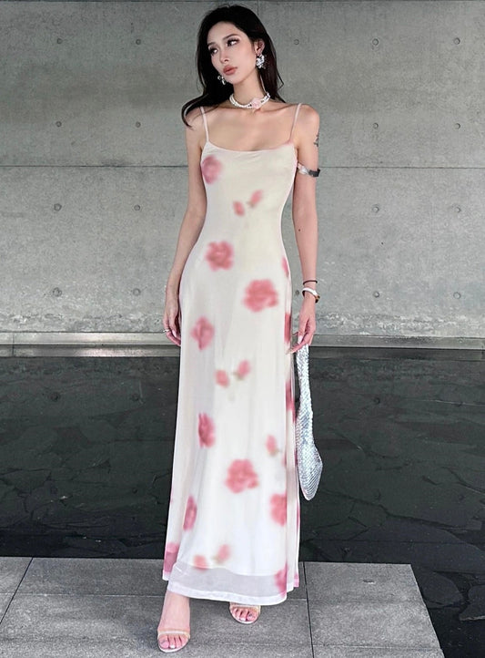 Zllkl Yielle White Floral Print Spaghetti Strap Long Dress