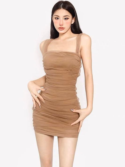 Zllkl Jianna Solid Color Square Neck Mesh Short-Sleeved Slim Mini Dress