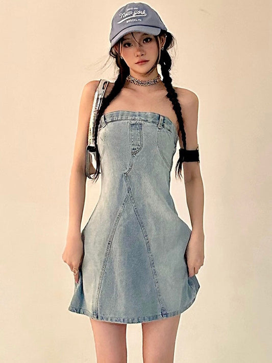 Zllkl Oriel Denim Blue Washed Vintage Sleeveless Bandeau Mini Dress